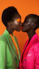 Two women in vibrant colorful suits and bold makeup sharing a romantic kiss, striking fashion scene