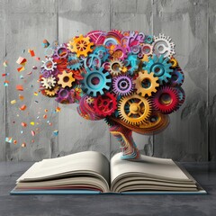 Fototapeta premium a book with colorful gears and a brain on top