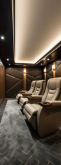 Luxury home theater with beige, brown, and grey colors, showcasing comfort and entertainment. 
