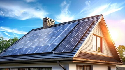 Fototapeta premium Solar Panels on a House Roof with Blue Sky