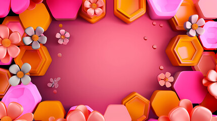 Colorful honeycomb frame with flowers and bees.
