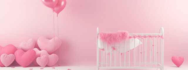 Pink crib with heart-shaped decorations. A peaceful, gentle scene.