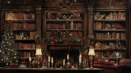 Ornate library fireplace, Christmas decorations, bookshelves.
