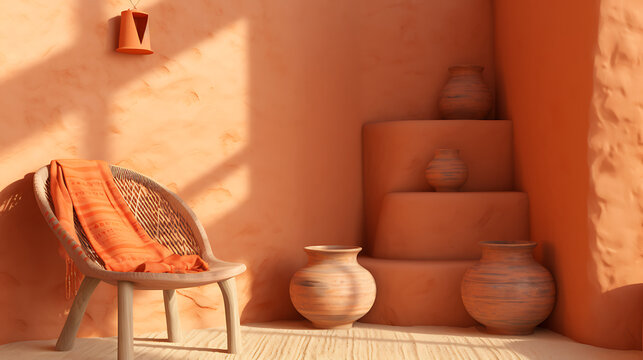 Minimalist terracotta  vases and a wicker chair in a warm orange room,  evoking a sense of tranquility and serenity, perfect for a summer home decor project. 

