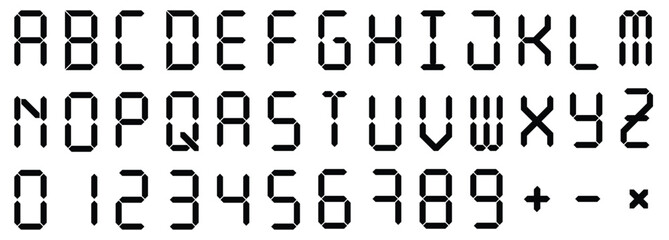 Digital display font. Alarm clock letters and numbers, electronic alphabet and retro calculator screen symbols vector set. Letters set for a digital watch and other electronic devices.