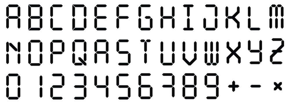 Digital display font. Alarm clock letters and numbers, electronic alphabet and retro calculator screen symbols vector set. Letters set for a digital watch and other electronic devices.