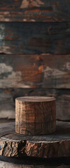 Wooden stump, rustic display, natural backdrop.
