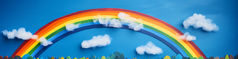 Rainbow arches over a peaceful landscape.