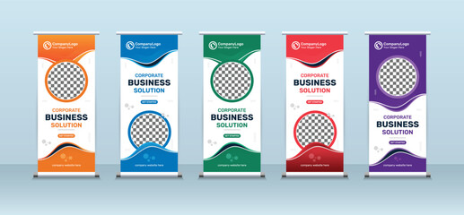 Business Roll Up Banner for Stand Poster Brochure creative concept in blue, red, green, orange, purple and yellow colors