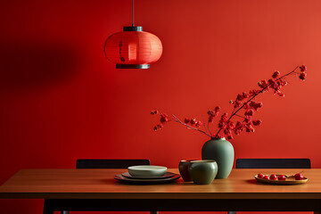 Red room, lantern, vase with branches, table setting.
