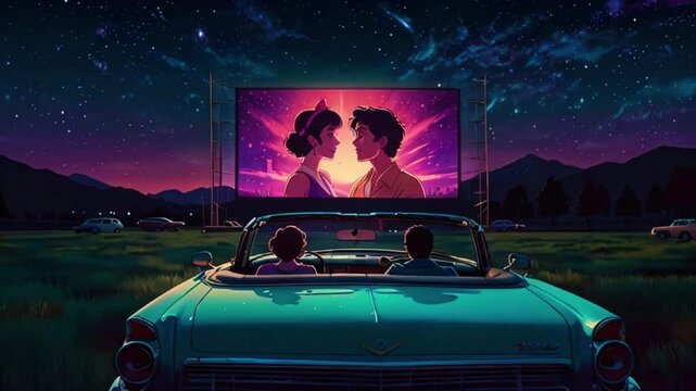 A couple sitting in a classic convertible at a drive-in movie theater, with a giant screen showing a retro film, sky twinkling stars, 4K 2D Japanese animation video