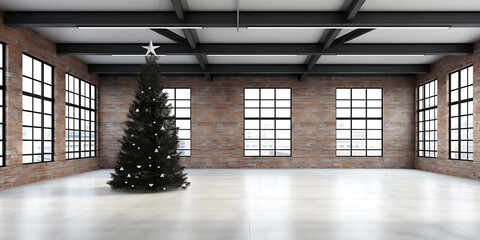 Empty loft space with a Christmas tree.