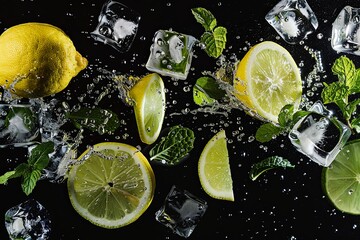 Fresh Lemon and Mint with Ice Cubes Splashing in Water.