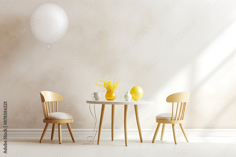 Wall mural minimalist interior design with yellow flowers, white and beige tones, and natural light, perfect fo