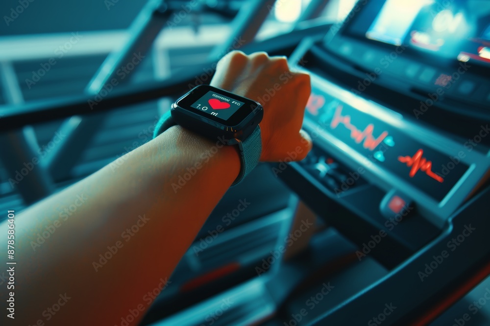 Poster fitness tracker displaying heart rate on wrist while running on treadmill in gym