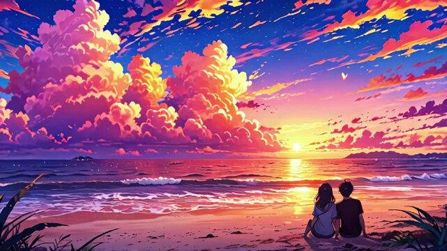 A couple watching a beautiful synthwave-inspired sunset on a hill, with a vibrant gradient sky, palm trees silhouetted against the horizon, and a cityscape glowing in the distance