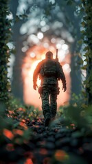A lone soldier walking through a forest, illuminated by a bright orange light that emanates from the horizon, creating an aura of mystery and intrigue.