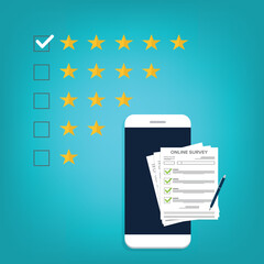 Five stars rating. Customers review and positive feedback. Online survey concept.	