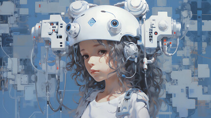 A young girl with curly hair is wearing a futuristic helmet with white, blue, and red accents, conveying a sense of wonder and technology in a sci-fi setting. 

