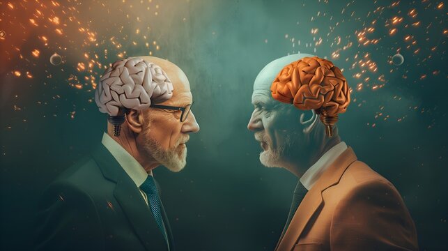 Two men, with their heads exploding into orange and white brain patterns.