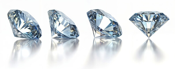 Four round brilliant cut diamonds arranged in a row on a white background, casting reflections