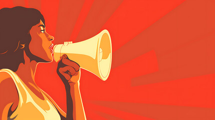 A woman with a megaphone, red, yellow, and white, a bold graphic design, conveys a powerful message of protest and activism. 
