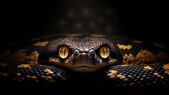 Close-up of a snake, intense gaze, dark background.
