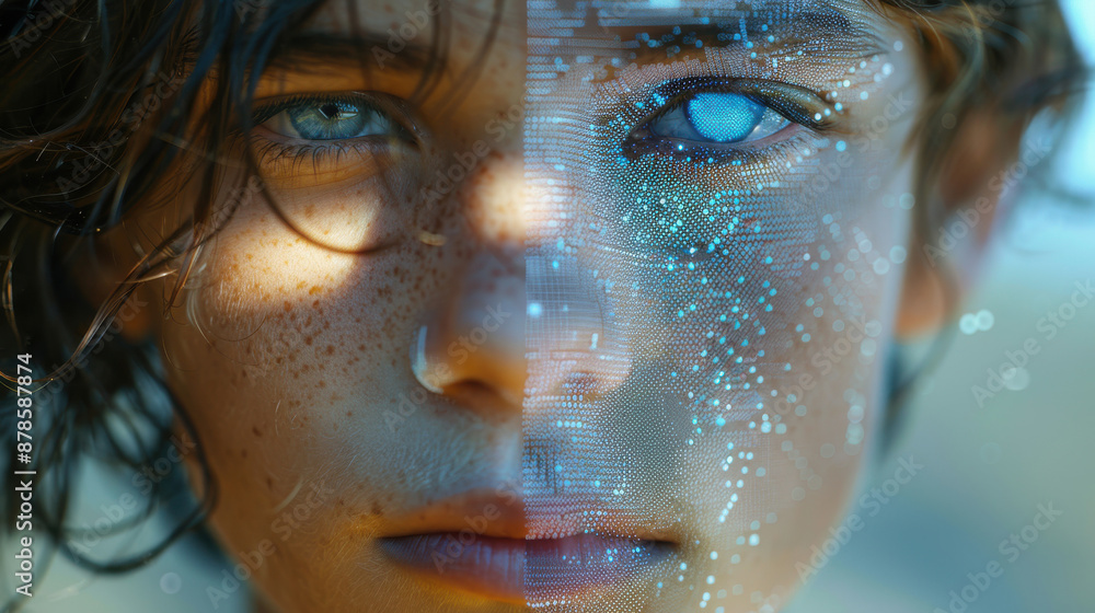 Poster close-up of a man's face with digital interface overlay, representing artificial intelligence, techn