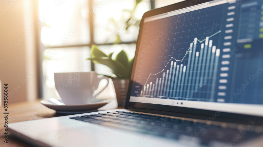 Poster laptop displaying financial charts and graphs with a cup of coffee on the side, illustrating data an