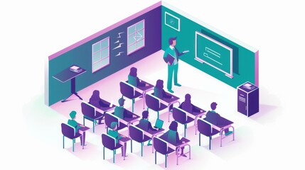 a classroom with people sitting in chairs