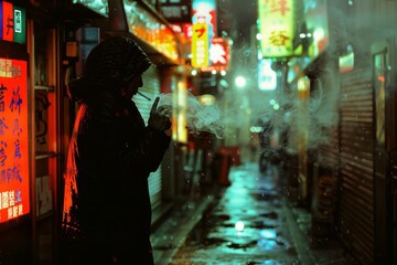 Naklejka premium Edgy Urban Night Photography of Person Smoking in Neon-Lit Alley For Posters or Prints