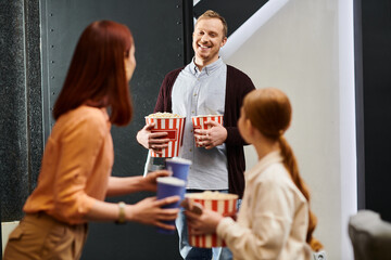 A joyful family stands in a circle, connecting with each other with smiles and laughter.