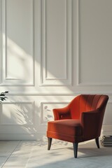 A simple and cozy interior scene with an orange chair, white walls, and a small potted plant