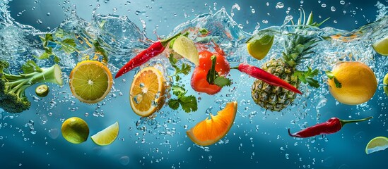 Fresh Fruits and Vegetables Splashing in Water.