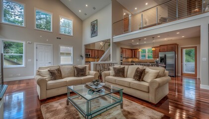 Modern living room with hardwood floors, vaulted ceiling, beige fabric couch, glass coffee table, and second-story loft. View of kitchen and entryway.