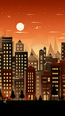 A flat city skyline with orange, brown and black colors, a full moon and stars, perfect for a winter or holiday design. 

