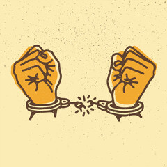 Hands with broken shackles. Vector illustration on grunge texture background