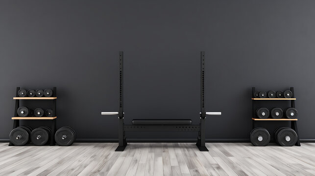 Black, grey and wood gym equipment, minimalist style,  inspiring strength and motivation, perfect for fitness and workout content. 
