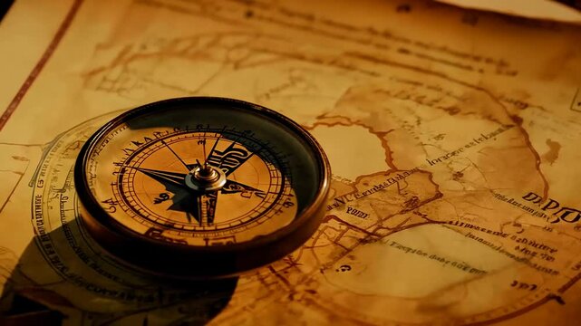 Vintage compass on an old world map for nautical exploration