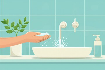 Flat design illustration showcasing proper handwashing techniques featuring a person washing their hands with soap and water under a faucet. Emphasizes the importance of hygiene and cleanliness in