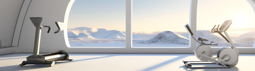 Modern gym equipment in a white room with a snowy mountain view,  evoking a sense of serenity and fitness. 
