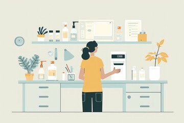 Flat design illustration showing a person sanitizing their hands using a hand sanitizer dispenser. The scene is set against a clean and simple background with elements such as a desk and office