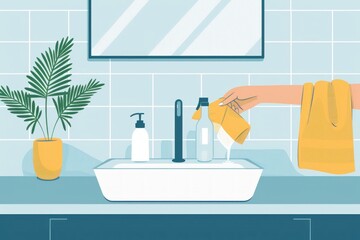 Illustration in flat design style of a person wiping down a bathroom sink and mirror with a cloth and cleaning spray. The bathroom is depicted as spotless and well-organized with minimalistic decor.