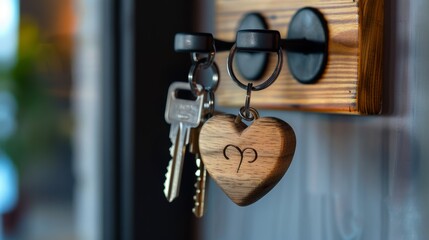 Rustic Heart-Shaped Keychain with Engraved Initials on a Wooden Key Rack - Ideal for Couples