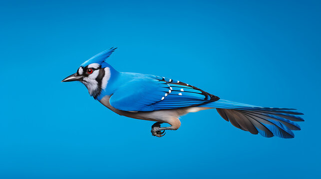 Blue jay, vibrant plumage, bold profile.
