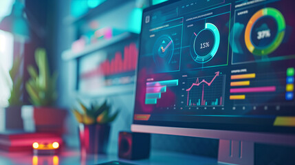 Close-up of a computer monitor displaying colorful data analytics and charts in a modern office setting