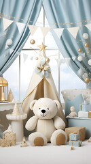 A cozy, light blue nursery decorated for Christmas, featuring a teddy bear, teepee, and window.
