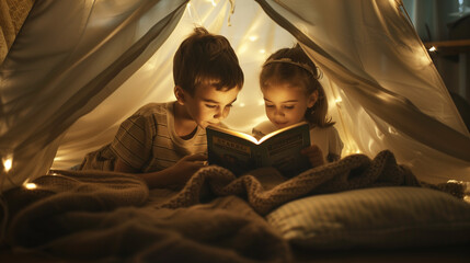 Adorable siblings reading a book together in a cozy homemade tent with warm fairy lights. Perfect for illustrating family bonding, childhood