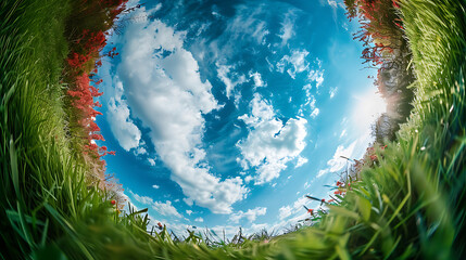 A vibrant sky framed by green grass and wildflowers.
