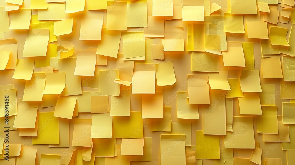 Poster view a stack of yellow sticky notes from a top-down perspective, featuring subtle reflections and tr